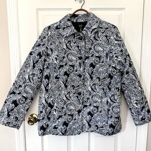 Jones New York Quilted Navy White Paisley Button Up Jacket Women's Sz L